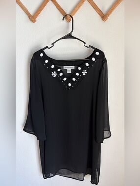 Cruise Wear & Co. Black Embellished V-Neck Resort Wear Sheer Tunic Top - XXL